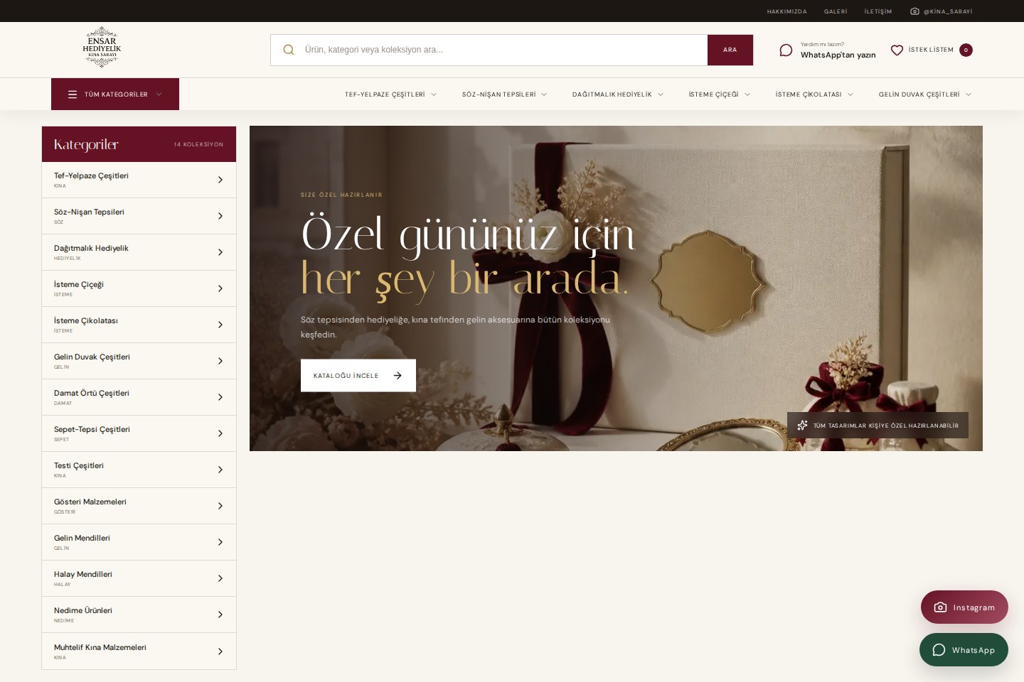 Kına Sarayı ürün vitrini web sitesi ekran görüntüsü